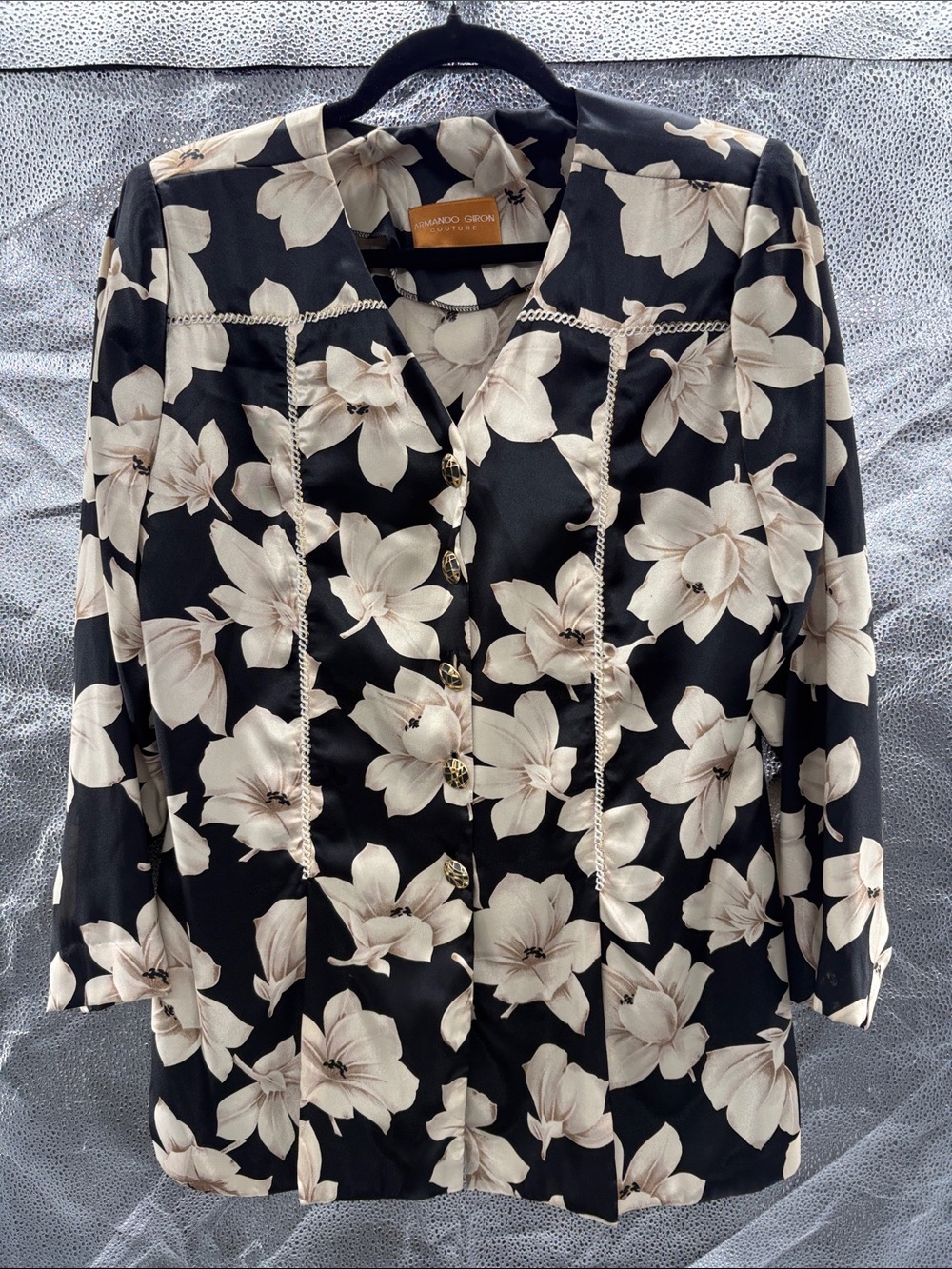 Armando Giron Black Blouse with Cream Floral Print